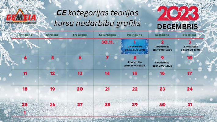 CE kategorijas teorijas kursu nodarbību grafiks decembrī